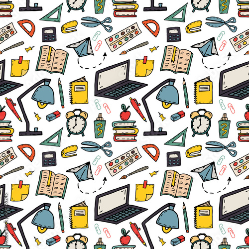 Seamless school pattern - objects and supplies for studying. Laptor, lamp, books, pen, pencill, paints, alarm clock. Vector doodle illustration white background for packaging, textile, wallpaper