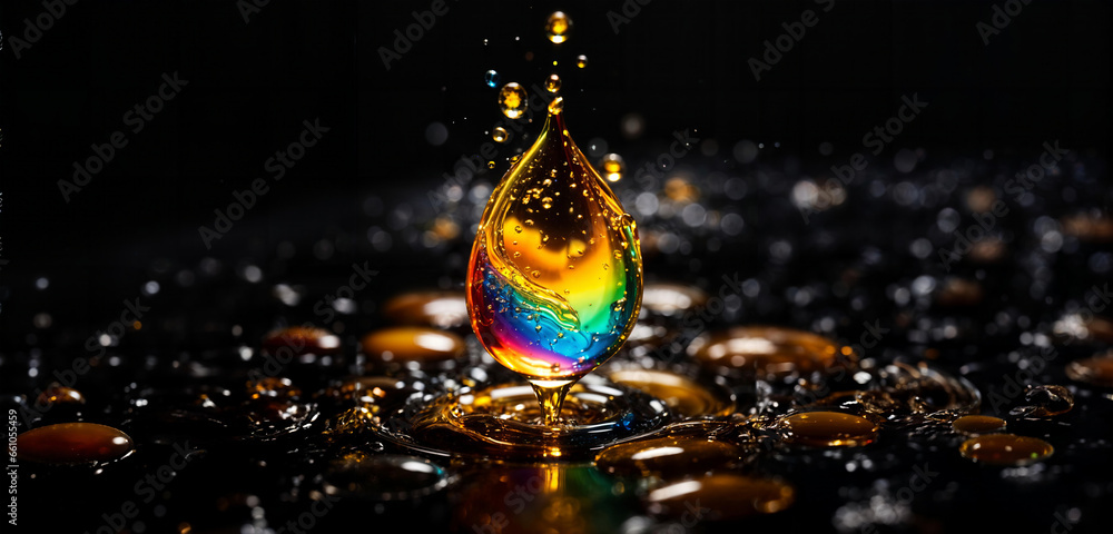 custom made wallpaper toronto digitalGold rainbow liquid drop splashing, abstract close up macro shot of oil, beer, tea, vitamins, champagne, cosmetics droplets, realistic bubbles dark, black vertical background, banner. Generative AI.