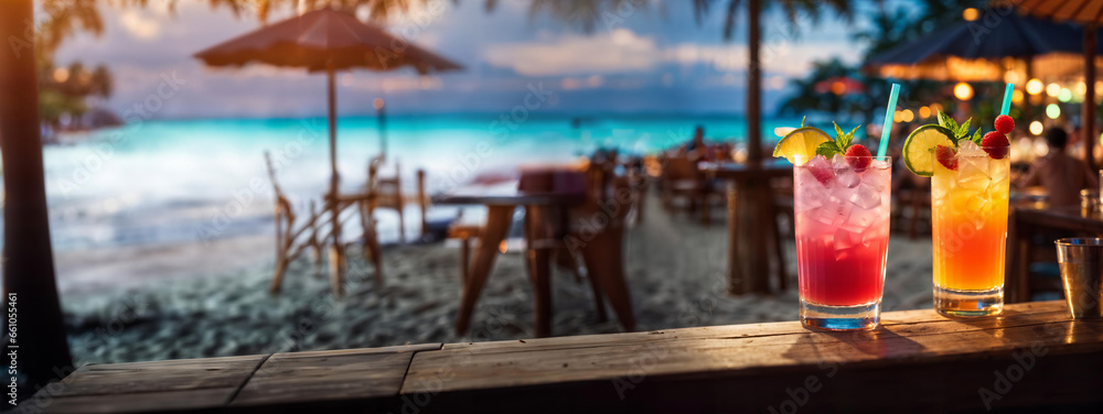 Cocktails at a beach bar at tropical resort. Summer vacation background ...
