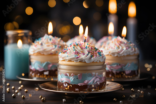 Colorful Celebration with Festive Dessert and Burning Candles