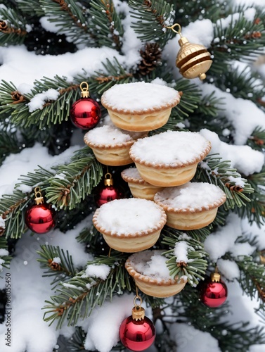 Photo Of Christmas Snow-Covered Pine Tree With Hanging Mince Pies And Jingle Bells