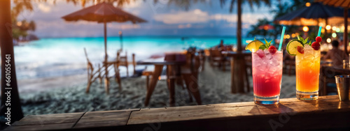 Cocktails at a beach bar at tropical resort. Summer vacation background, Vibrant cocktails at beach bar, tropical vacation vibes, holiday escape banner with colorful drinks by the sea. Generative AI
