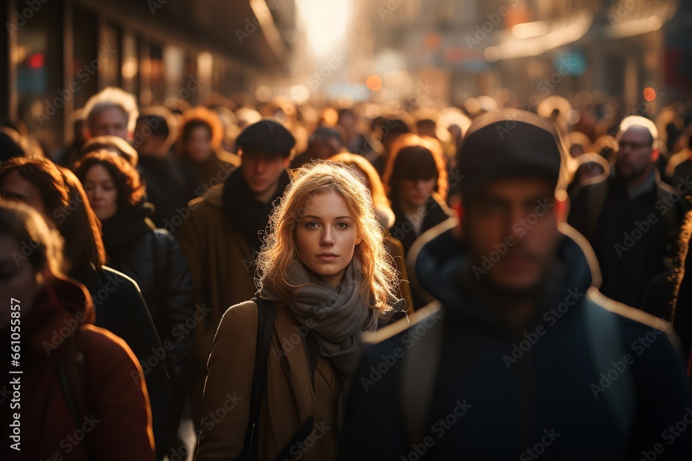 A crowd of people walking down the street. Blonde girl among the crowd A crowd of people walking down the street. Blonde girl among the crowd