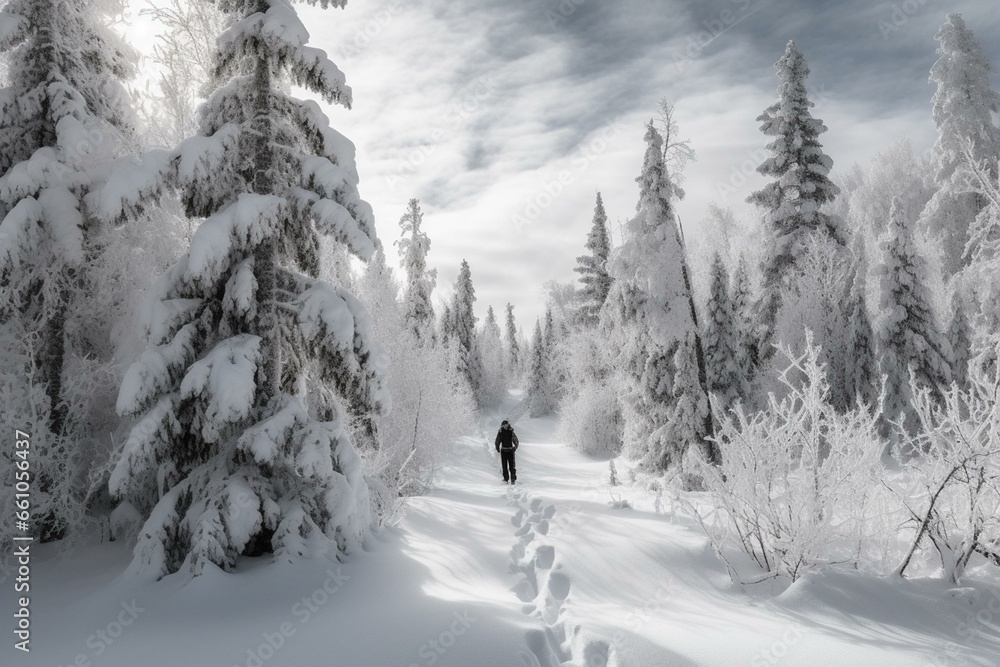 A figure walking amidst a snowshoeing path with snow-covered trees in the distance. Generative AI