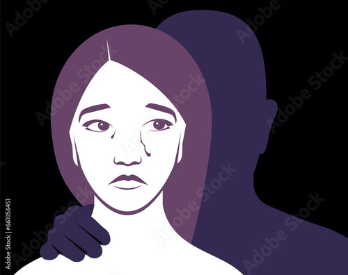 Crying woman portrait front view. Silhouette of a man behind the woman. Male arm on girl shoulder. Concept of domestic violence. Stop Violence against women banner. Abuse and sexual harassment.