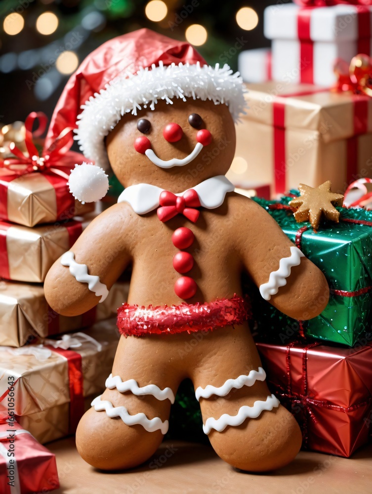 Photo Of Christmas Gingerbread Man Standing Next To A Pile Of Gifts Wrapped In Tinsel In A Bustling Bakery Photo Of Christmas Gingerbread Man Standing Next To A Pile Of Gifts Wrapped In Tinsel In A Bustling Bakery