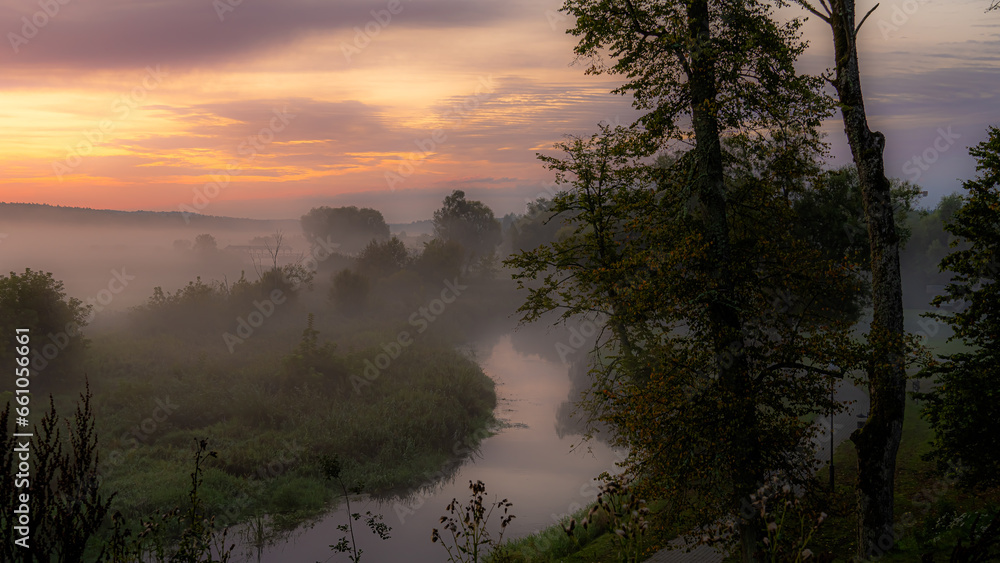 Morning fog at sunrise over the Suprasl River in Podlasie.