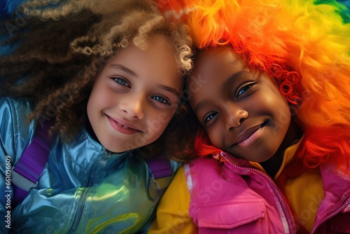 happy teenage African-American girls dressed and decorated in the colors of the rainbow flag