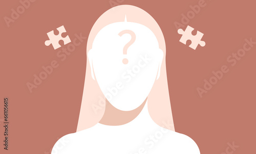 Female silhouette without face. Abstract human head template. Woman figure to the waist front view. Piece of puzzle, question mark. Complete the person. Mental health, confusion, questioning concept.