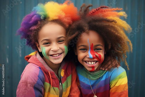 happy teenage African-American girls dressed and decorated in the colors of the rainbow flag