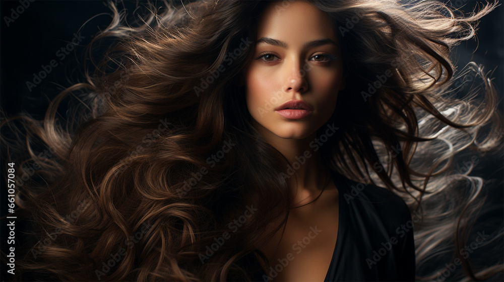 Close-up portrait of a brunette woman with flying hair looking at the camera.content or banner for a beauty salon Close-up portrait of a brunette woman with flying hair looking at the camera.content or banner for a beauty salon