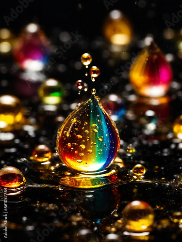 Gold rainbow liquid drops splashing, abstract close up macro shot of oil, beer, tea, vitamins, champagne, cosmetics droplets, realistic bubbles dark, black vertical background, banner. Generative AI.