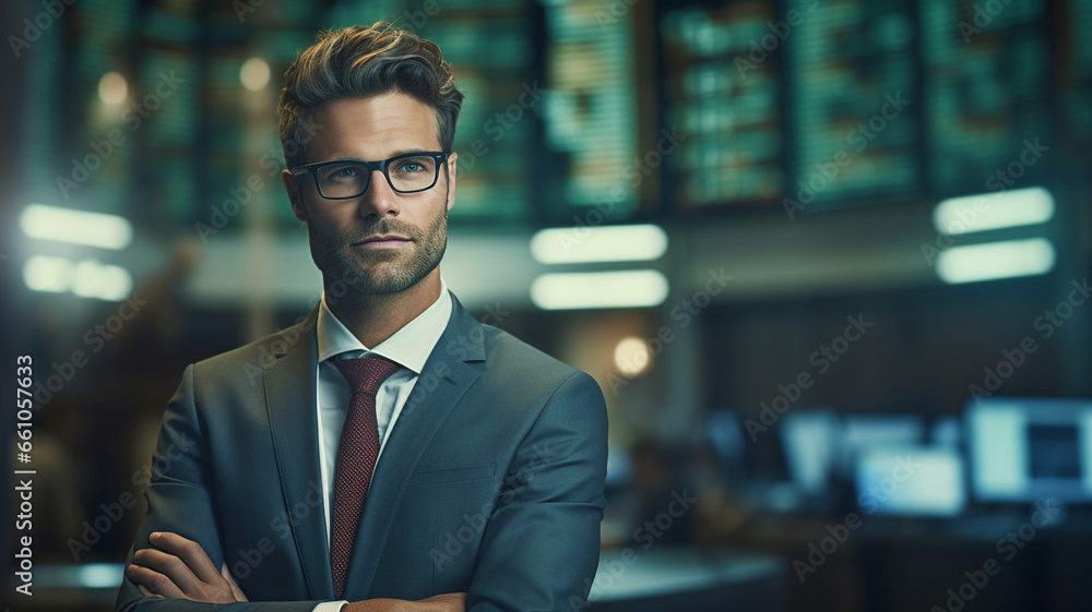 Portrait of smiling confident businessman,investor, manager, freelance, leader on stock market exchange background - obrazy, fototapety, plakaty 