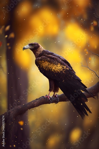 Stunning Bird Photography realism wedgetailed eagle on a branch autumn forest background Depth of field Vibrant bokeh intricate detail Lightroom Cinematic lighting Awardwinning beautiful 