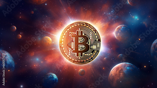 explosion of bitcoin cryptocurrency, digital asset technology in the future on galaxy background