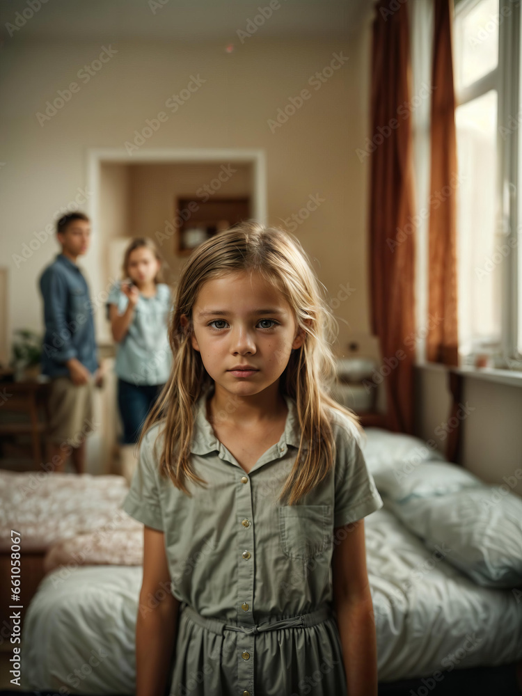 Lonely sad daughter coping with divorce and alimony, family separation concept, emotional support, legal proceedings, copy space for text, website header. Generative AI Lonely sad daughter coping with divorce and alimony, family separation concept, emotional support, legal proceedings, copy space for text, website header. Generative AI