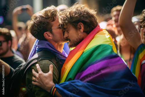 happy gay couple, wrapped in a rainbow flag representing LGBTQ+ pride © Anna
