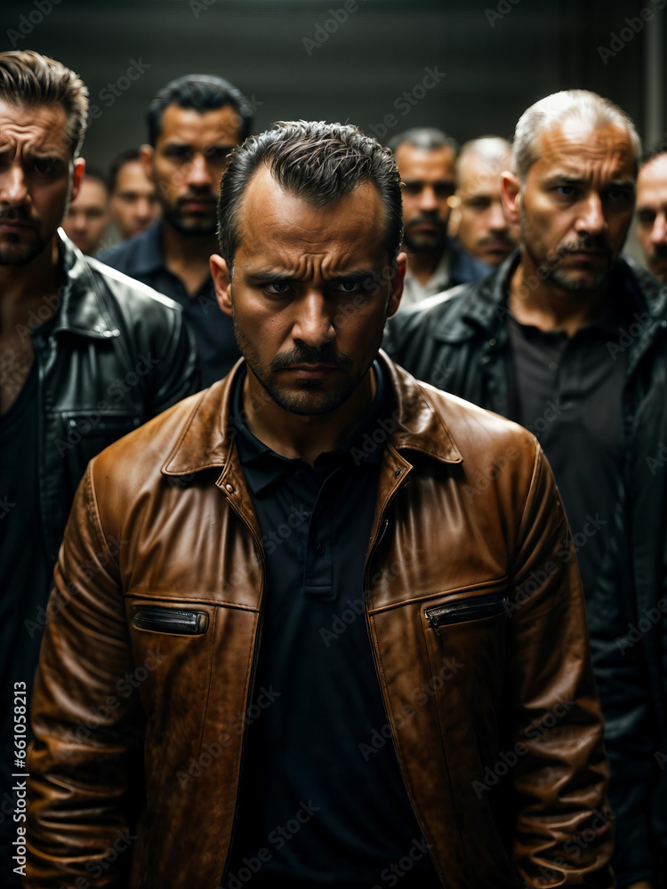 Angry crowd of men in leather jackets protesting inside warehouse, workplace unrest concept, labor dispute, industrial unrest, Generative AI Angry crowd of men in leather jackets protesting inside warehouse, workplace unrest concept, labor dispute, industrial unrest, Generative AI