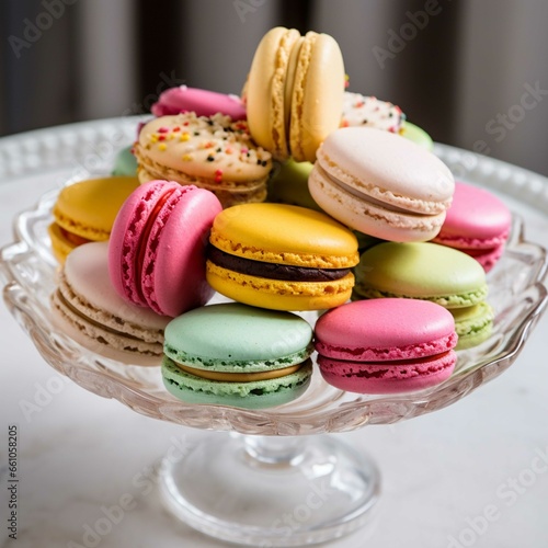 Colorful macaroons in a plate on a marble background