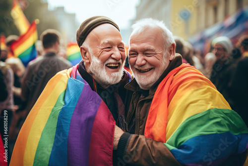 Two elderly gay men in love, embracing, with rainbow flags draped over their shoulders. photo
