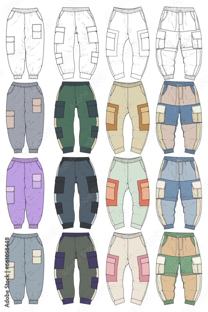 Cargo Pants colorful fashion hand drawing technical  template. Cargo pocket fashion mockup for training.