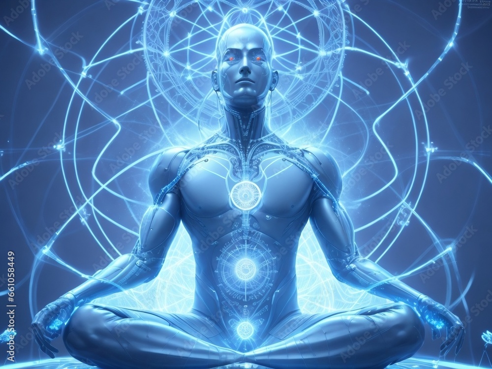 Silver mind cyborg man meditating simple, relaxing life Silver mind cyborg man meditating simple, relaxing life