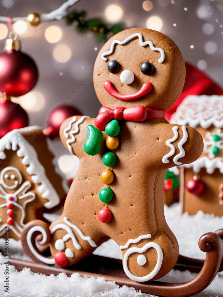 Photo Of Christmas Gingerbread Man Sitting On A Sleigh