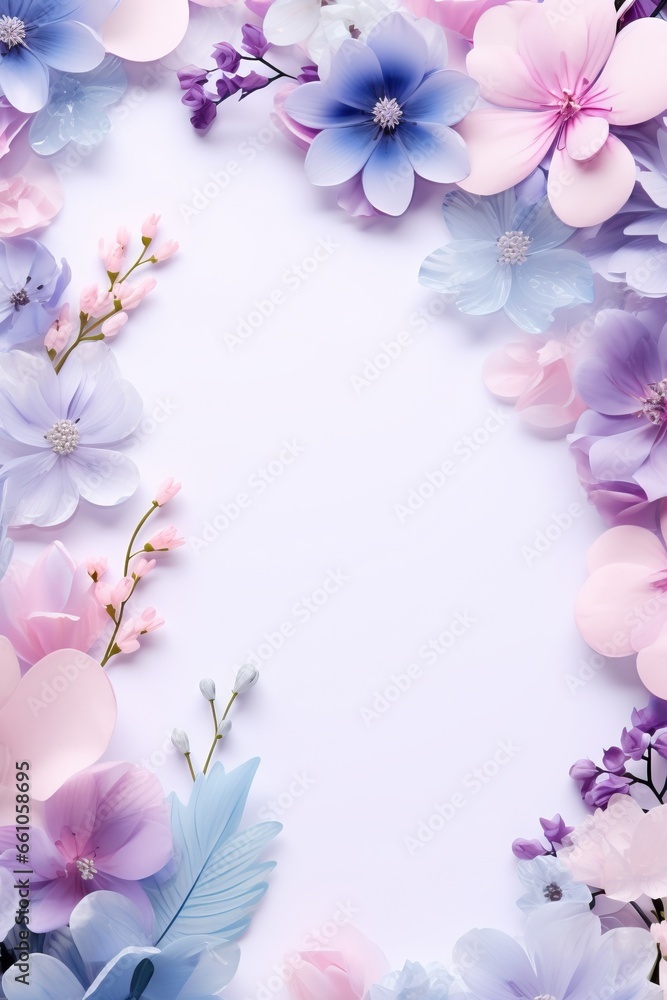 Frame with colorful flowers on clear pastel purple background. Greeting card design for holiday, Mother's day, Easter, Valentine day. Springtime composition with copy space. Flat lay, top view Frame with colorful flowers on clear pastel purple background. Greeting card design for holiday, Mother's day, Easter, Valentine day. Springtime composition with copy space. Flat lay, top view