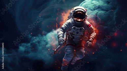 Astronaut in space, cosmos. Web banner with copy space