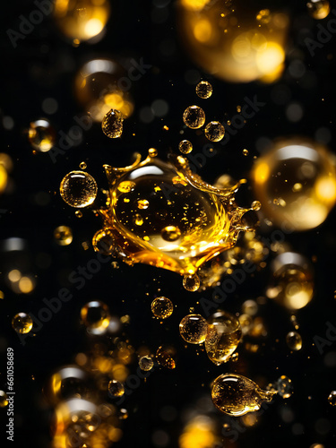 Gold liquid drops splashing, abstract close up macro shot of oil, beer, tea, vitamins, champagne, cosmetics droplets, realistic bubbles dark, black background, banner. Generative AI.