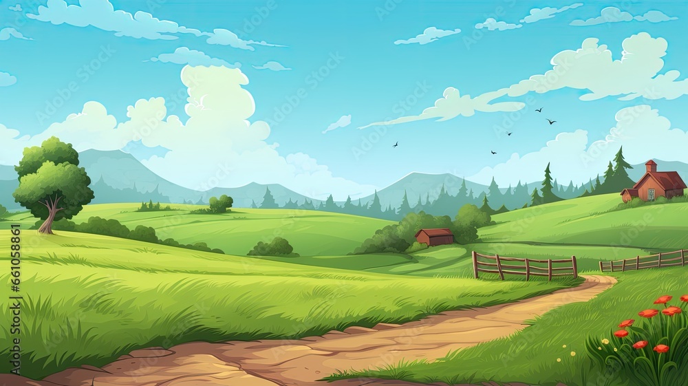 Cartoon farm, green field. Web banner with copy space