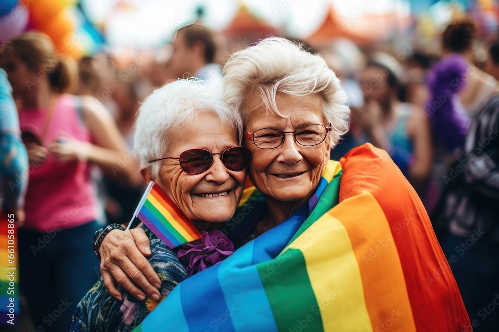 In the midst of a large demonstration, two elderly lesbian women with gray hair