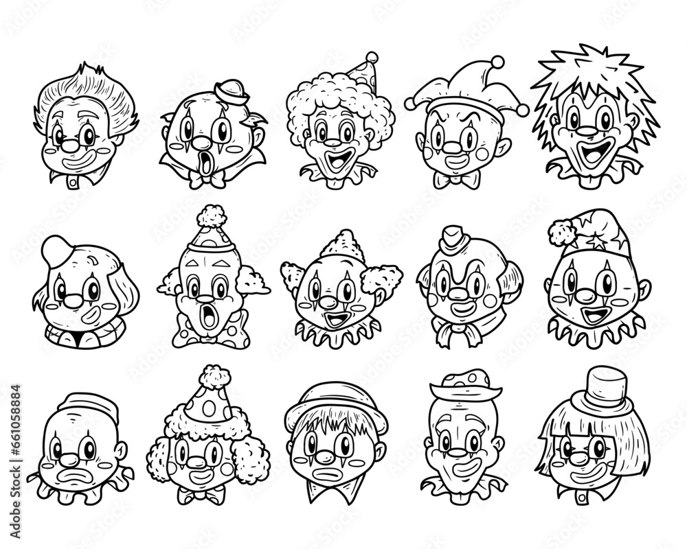 Set of clown heads with a hand-drawn outline sketch illustration