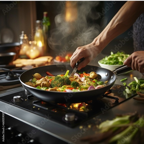 Stir fry vegetables in a wok on a gas stove