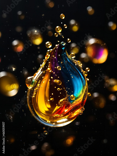 Gold rainbow liquid drop splashing, abstract close up macro shot of oil, beer, tea, vitamins, champagne, cosmetics droplets, realistic bubbles dark, black vertical background, banner. Generative AI.