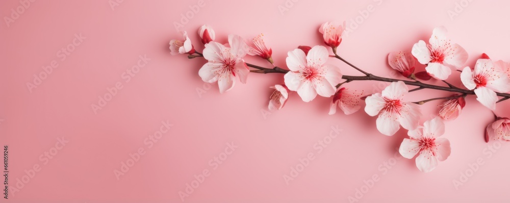 Banner with flowers on light pink background. Greeting card template for Wedding, mothers or womans day. Springtime composition with copy space. Flat lay style. Peach fuzz - color of the year 2024