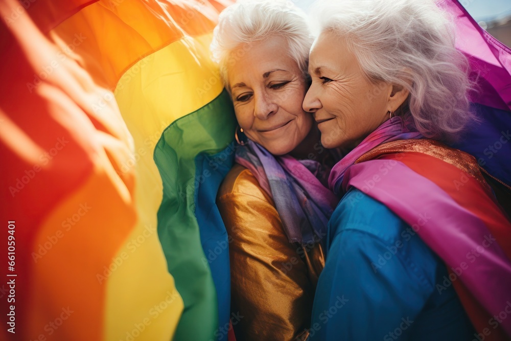 Two affectionate elderly women, lesbians with gray hair, lovingly embrace - obrazy, fototapety, plakaty 