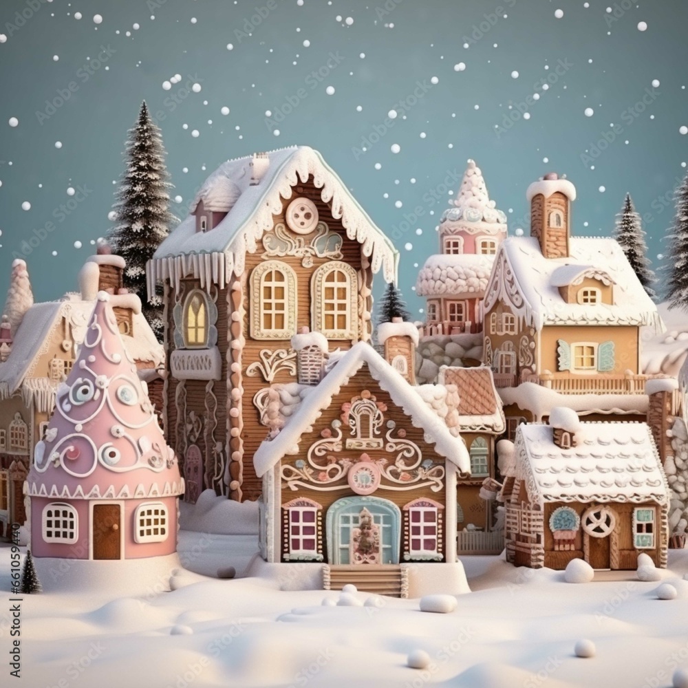 Christmas gingerbread houses in the snow. 3D illustration. Toned. Christmas gingerbread houses in the snow. 3D illustration. Toned.