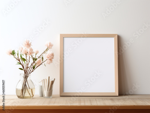 A blank mock-up frame made of wood. Included with minimalist and natural modern deco.
