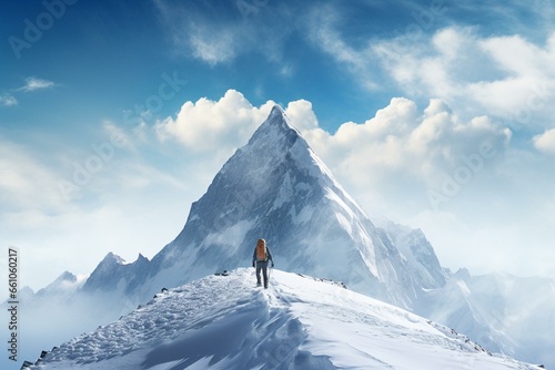 person standing snowy peak. Generative AI