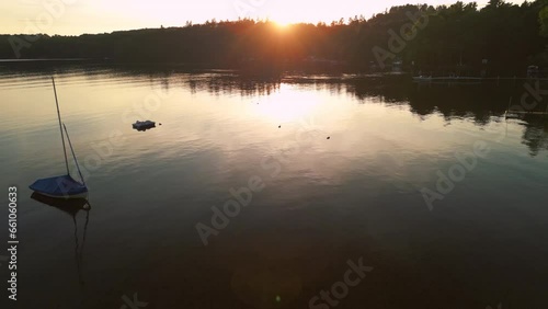 Golden light reflecting off the surface of a freshwater lake at sunset