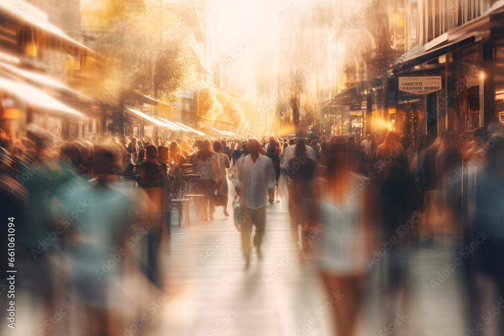 People move in a bustling city with golden light reflections