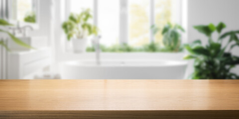 empty brown wooden tabletop for product display on blurred bright bathroom interior background