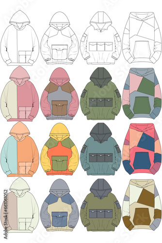 Oversized hoodie technical fashion illustration with relaxed fit, long sleeves. Flat outwear jumper apparel template. Women, men, unisex sweatshirt top mockup