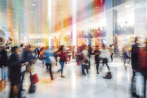 Blurred motion of people walking in a brightly lit modern mall
