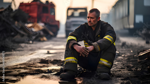 A fireman age of 40 sitting sadly,dirty and tired after fight with fire, on the street photo
