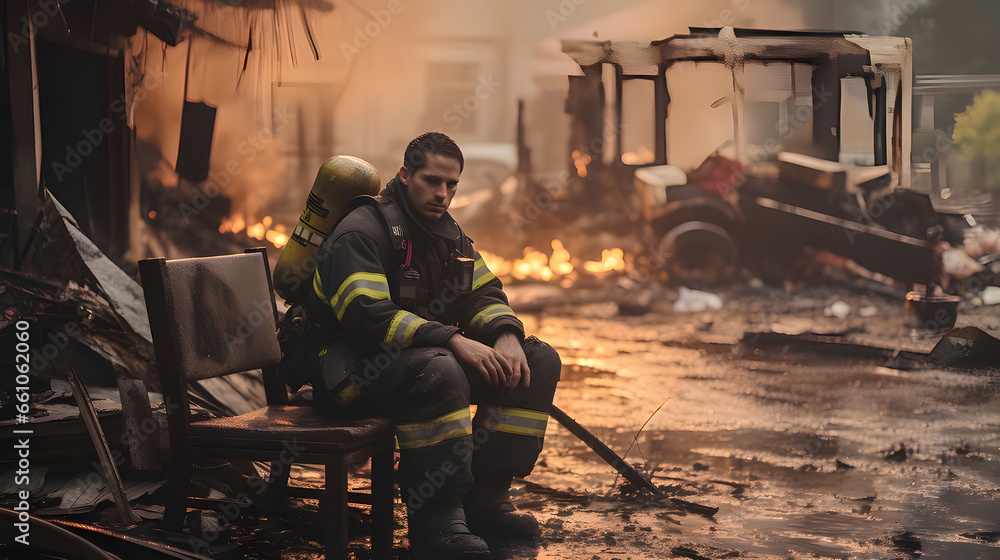 A fireman sitting sadly and tired after fight with fire,burning street at the background.