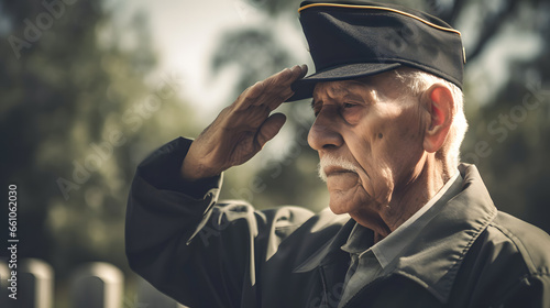 Old elderly man honors memory of fallen soldiers at cemetery. Concept Tribute after military conflict photo