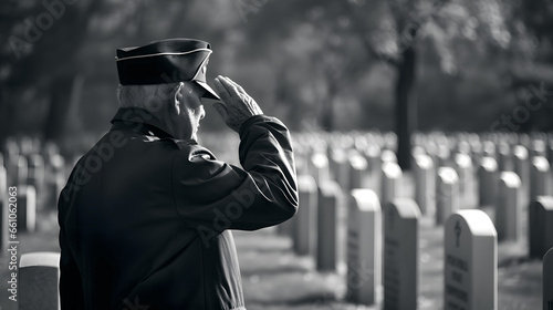 Old elderly man honors memory of fallen soldiers at cemetery. Concept Tribute after military conflict photo