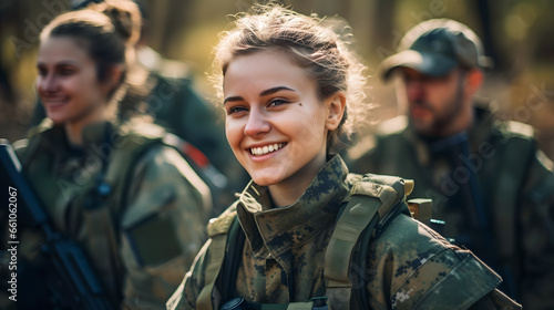 Portrait of smile young woman in uniform background team army. Banner private military mission photo